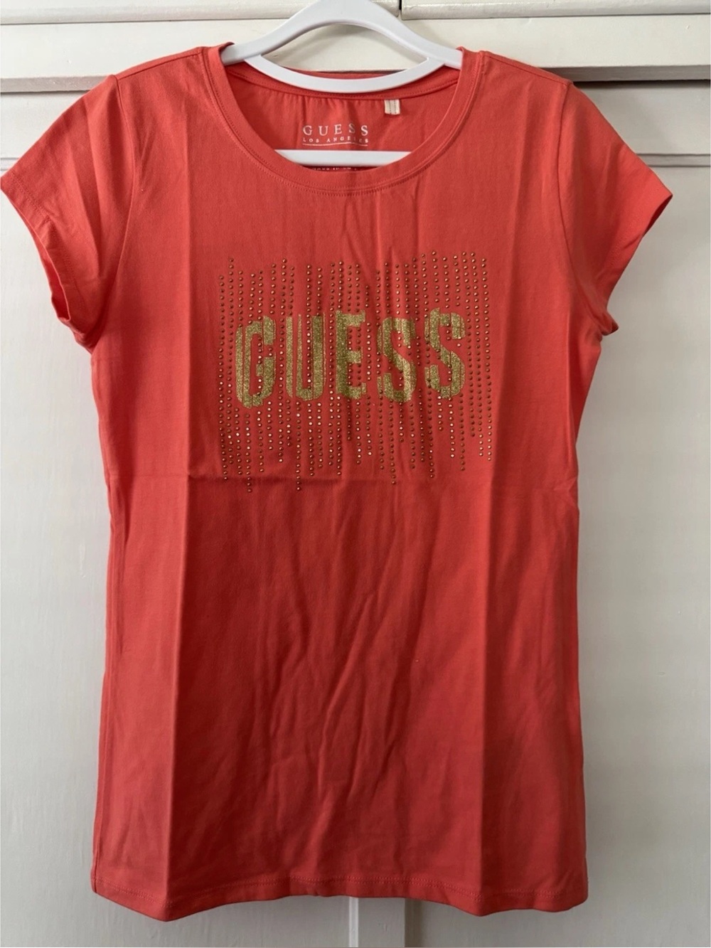 Guess Orange Tee with Silver Metallic Logo Accents